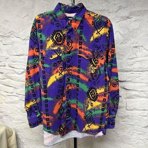 Vintage Wrangler Brushpopper Cowboy Cut Button Down Shirt Western Aztec 17-35 - Picture 1 of 6